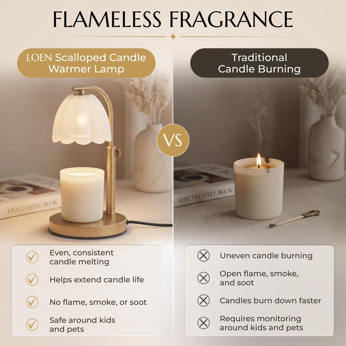 Scalloped Glass Candle Warmer Lamp with Timer, Dimmable, Adjustable Height, Gold Metal, Green V788380