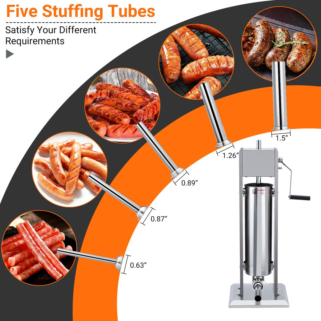 Manual 15LBS Stainless Steel Sausage Stuffer with 5 Stuffing Tubes L109152