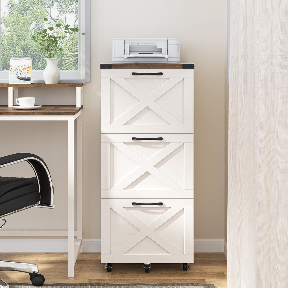 3 Drawer White File Cabinet with Wheels V40127