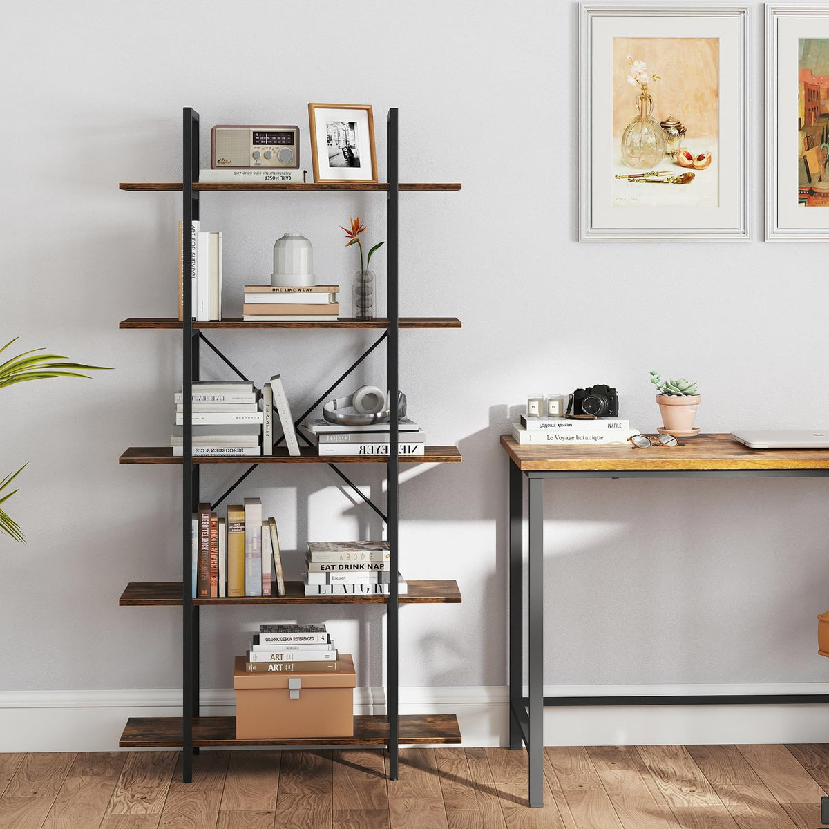 5-Tier Rustic Brown Bookshelf with Metal Frame X51833