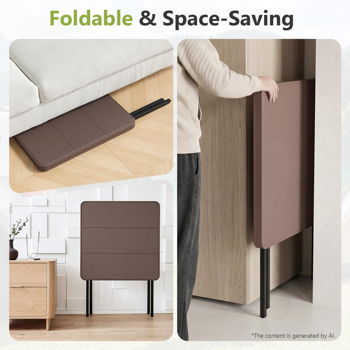 Folding Table, Portable Coffee Table 27in Square Table for Small Spaces, Patio Card Table Foldable Picnic Table with 400 LBS Capacity for Indoor Outdoor Use, Brown J36662