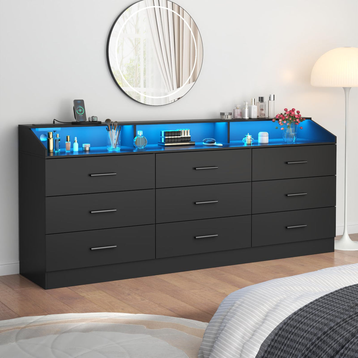 Black 9 Drawer Dresser with Power Outlet U557432