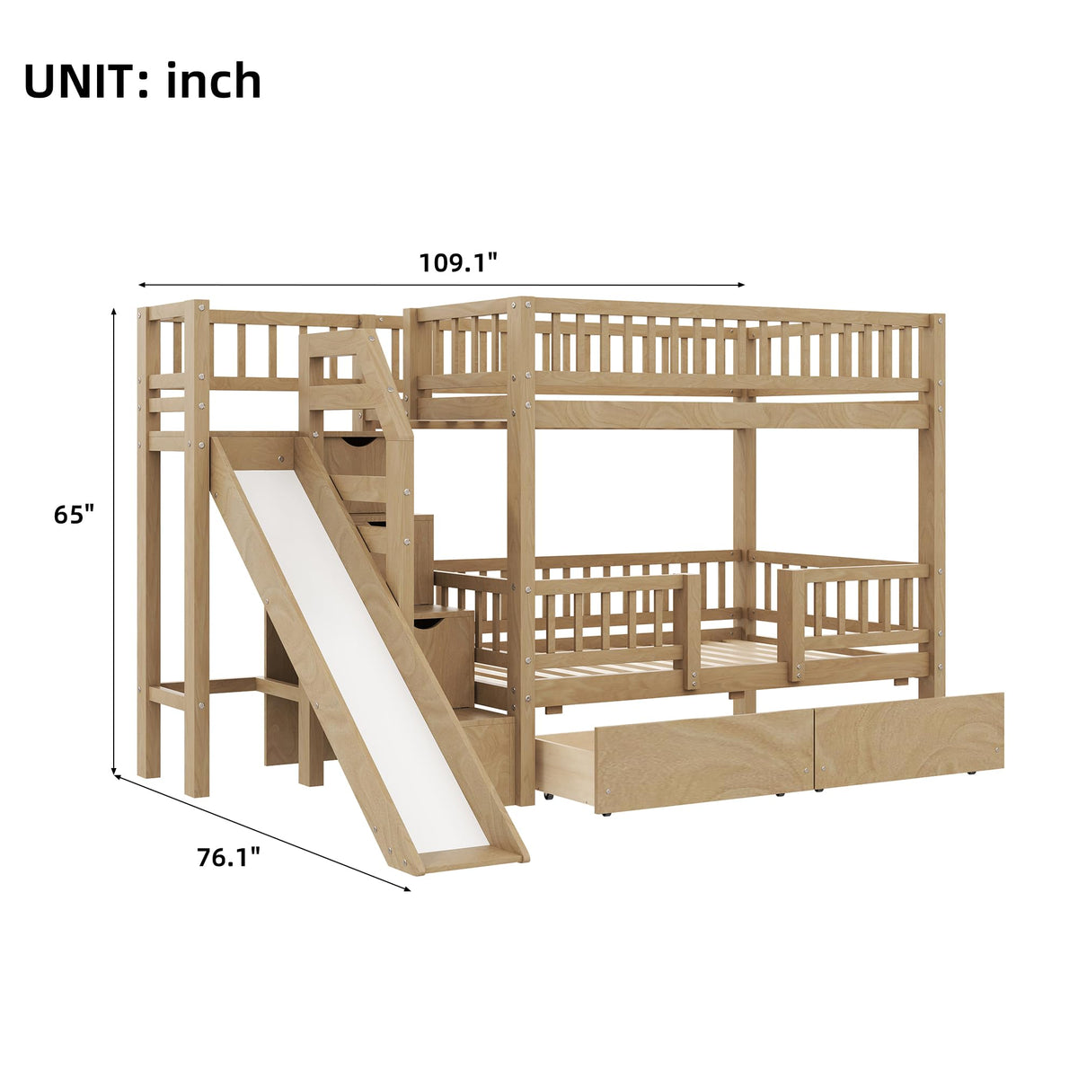 Twin Over Twin Bunk Bed with Slide and Storage Drawers D962549