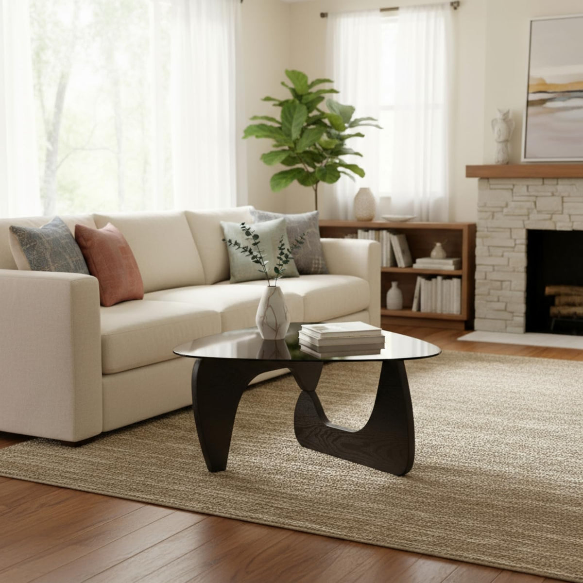 Modern Triangle Glass Coffee Table with Wood Base M503