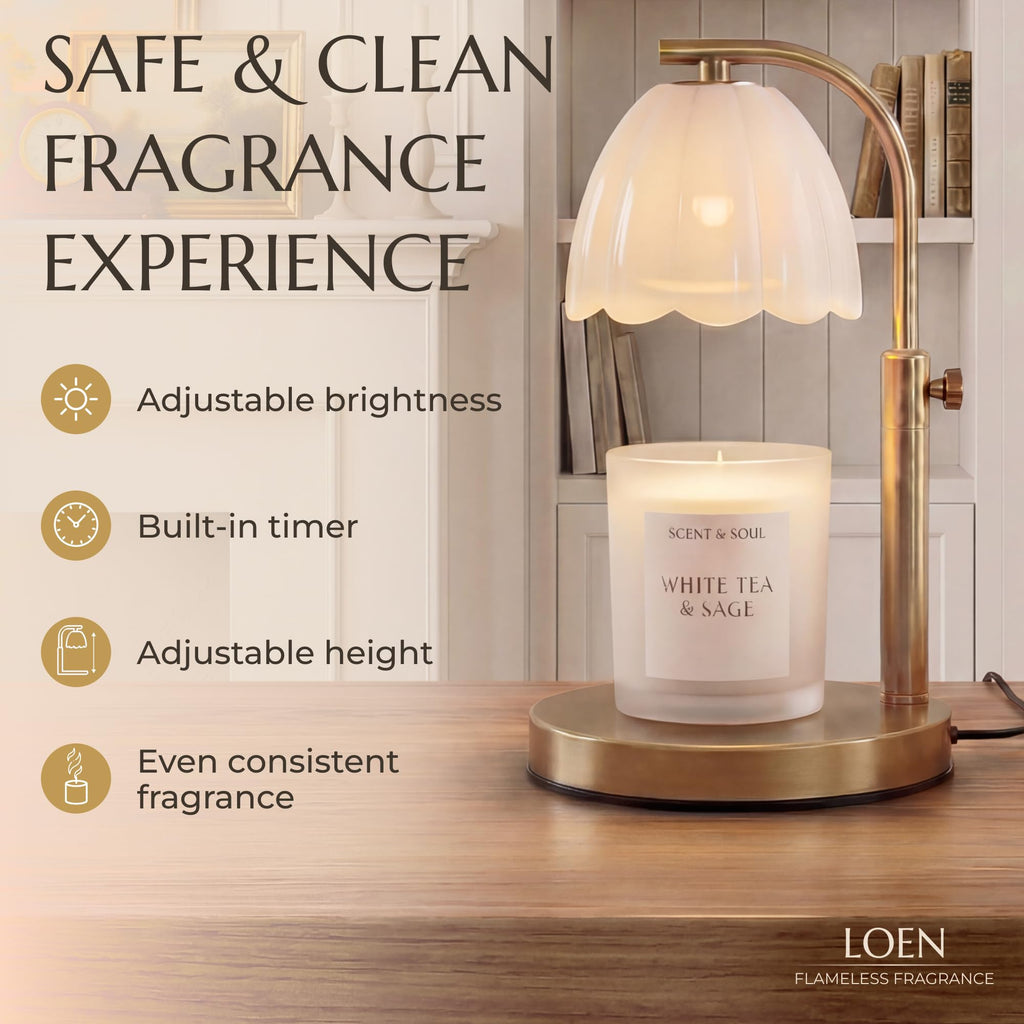 Scalloped Glass Candle Warmer Lamp with Timer, Dimmable, Adjustable Height, Gold Metal, Green V788380