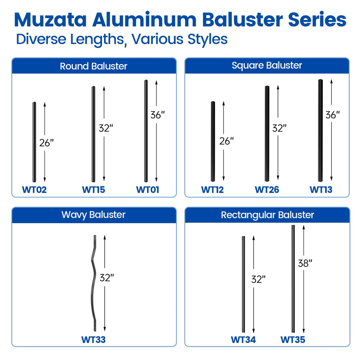 50 Pack 32" Black Aluminum Square Deck Balusters D859