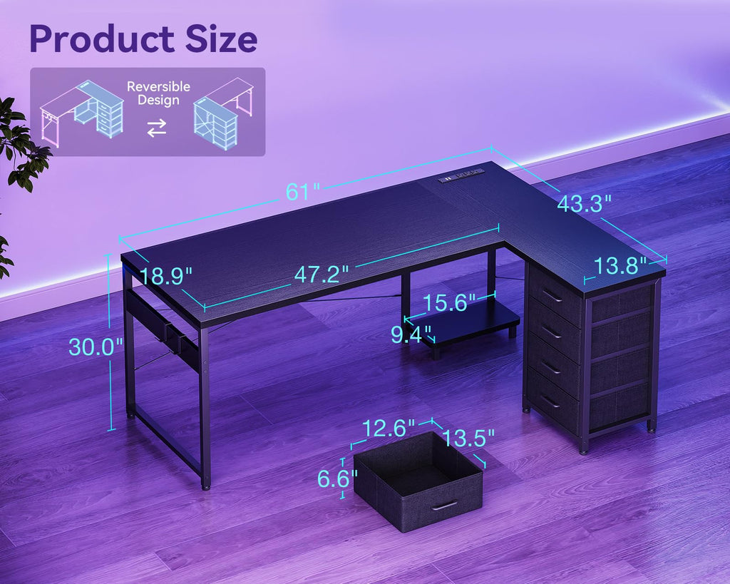 61" L Shaped Gaming Desk with 4 Drawers and Power Outlets, Black T475654
