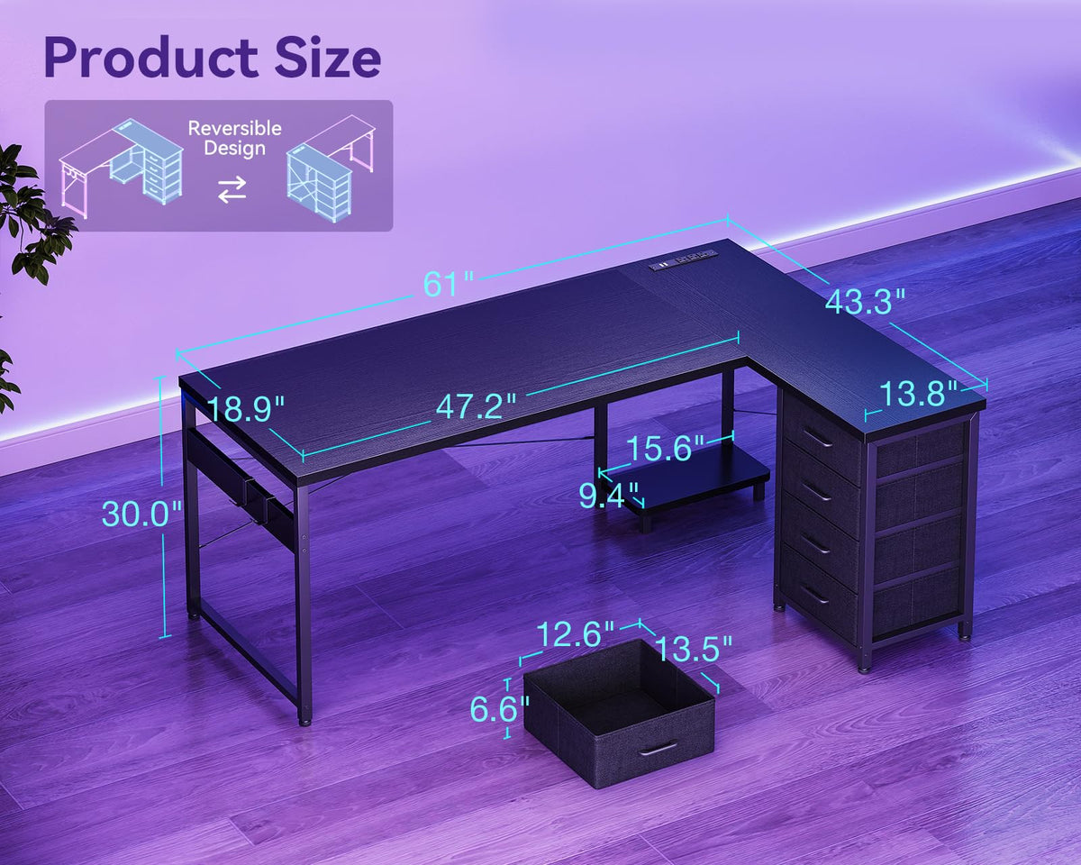 61" L Shaped Gaming Desk with 4 Drawers and Power Outlets, Black T475654