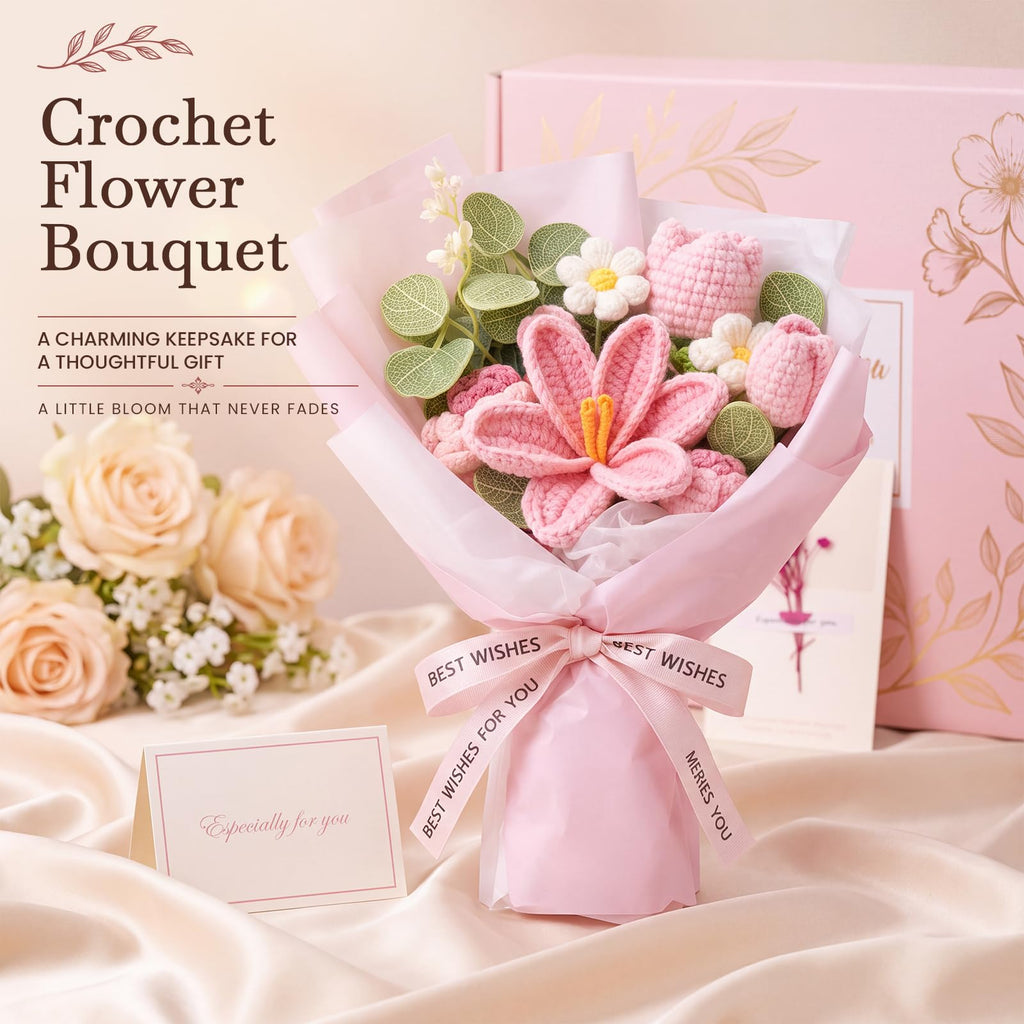 10 PCS Pink Gift Basket with Blanket, Tumbler & Crochet Flowers F173