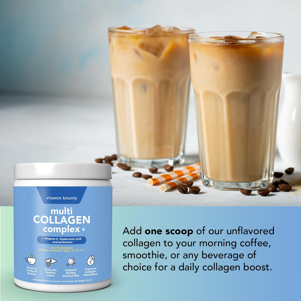 Multi Collagen Peptides Powder with Probiotics, Vitamin C & Hyaluronic Acid, 50 Servings D762521