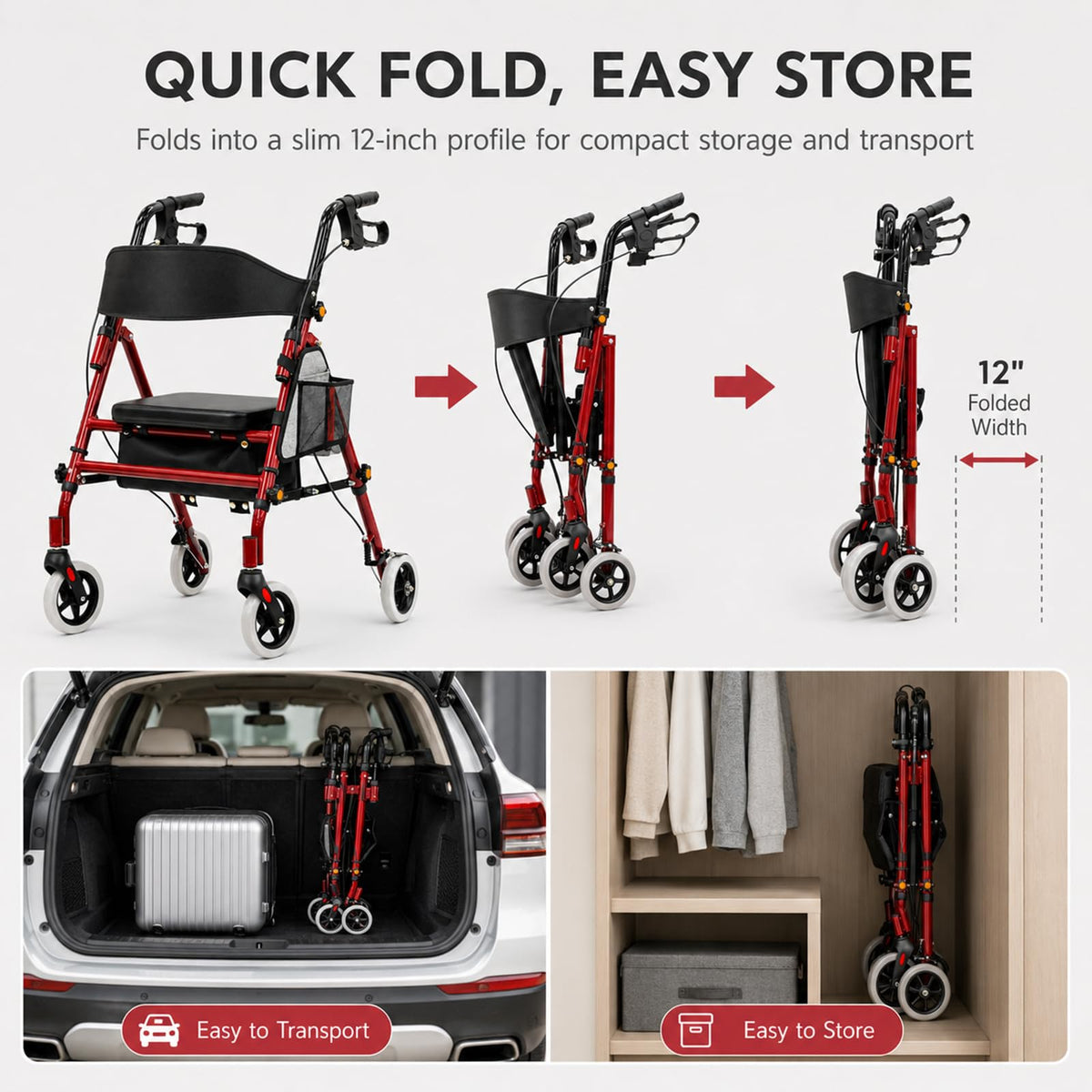 Foldable Rollator Walker with Seat, 300 Lb Capacity, Red C522