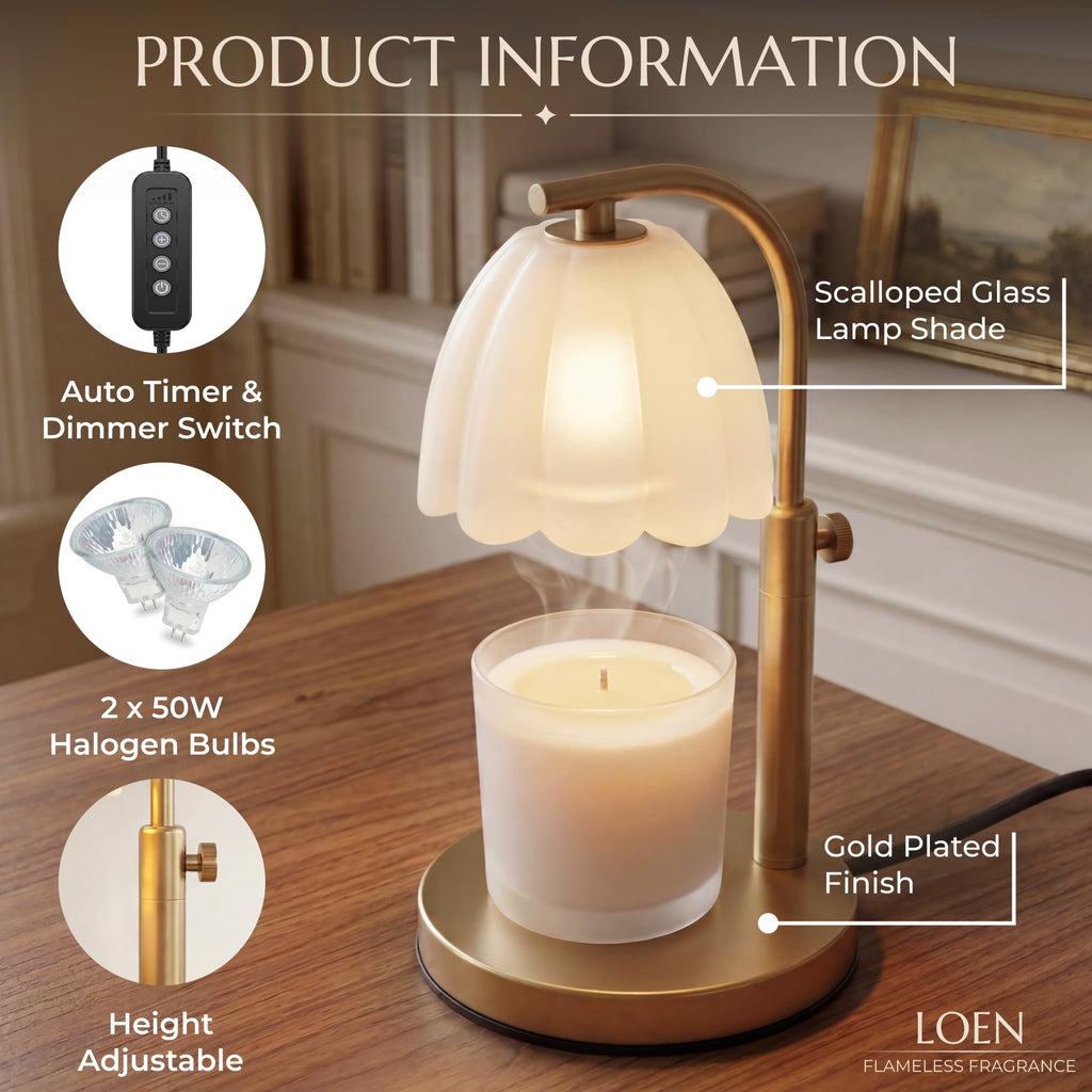Scalloped Glass Candle Warmer Lamp with Timer, Dimmable, Adjustable Height, Gold Metal, Green V788380