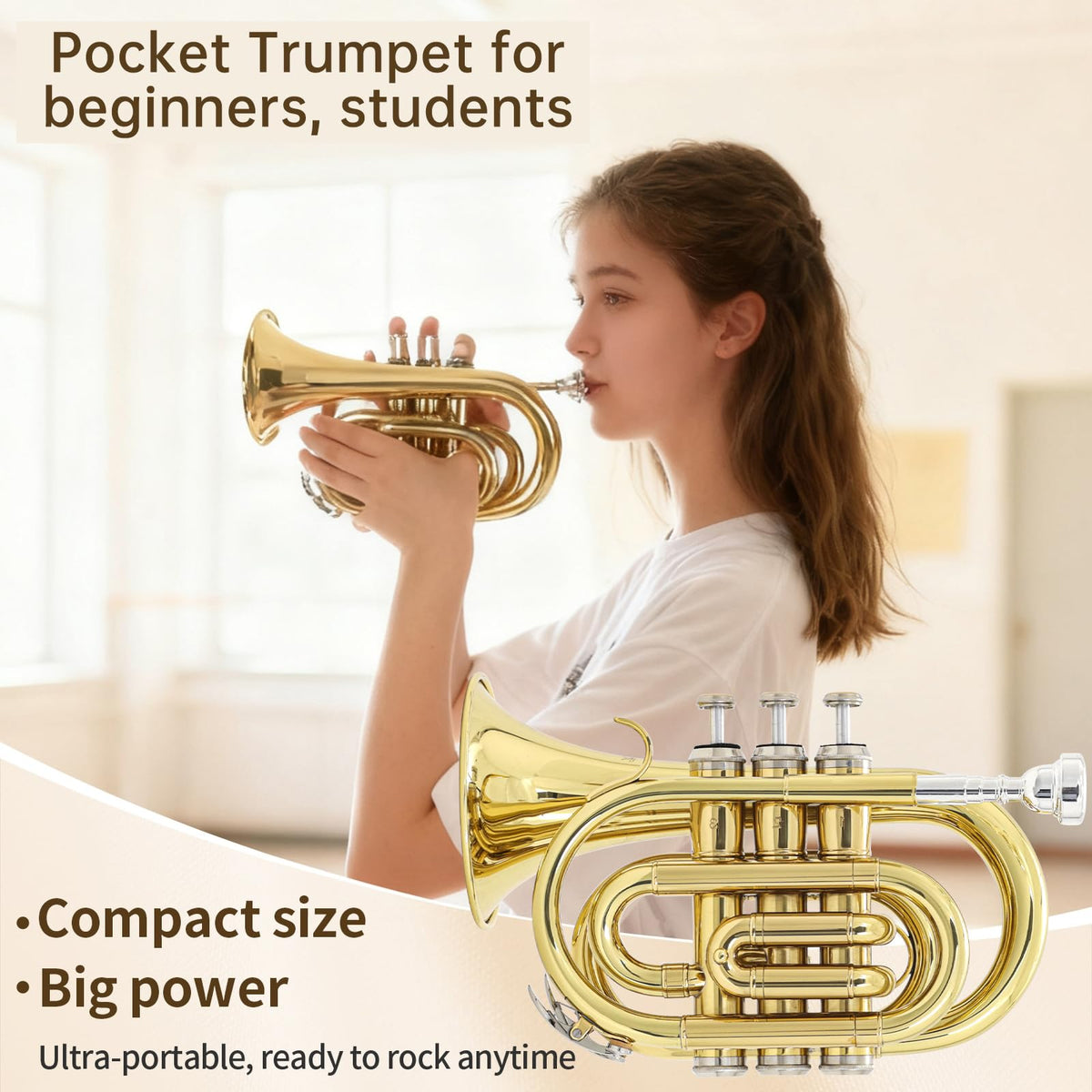 Bb Pocket Trumpet with Case, 7C Mouthpiece and Cleaning Kit N390