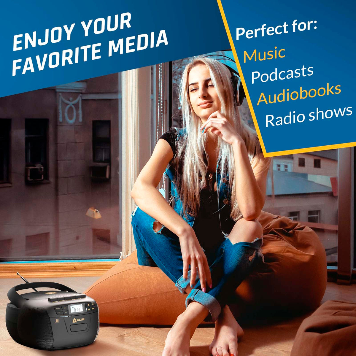 Black CD Cassette Player Boombox with Bluetooth and AM FM Radio I2241