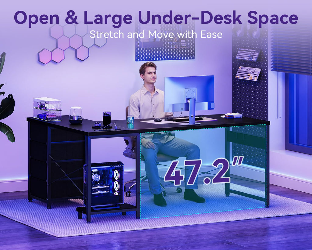 61" L Shaped Gaming Desk with 4 Drawers and Power Outlets, Black T475654