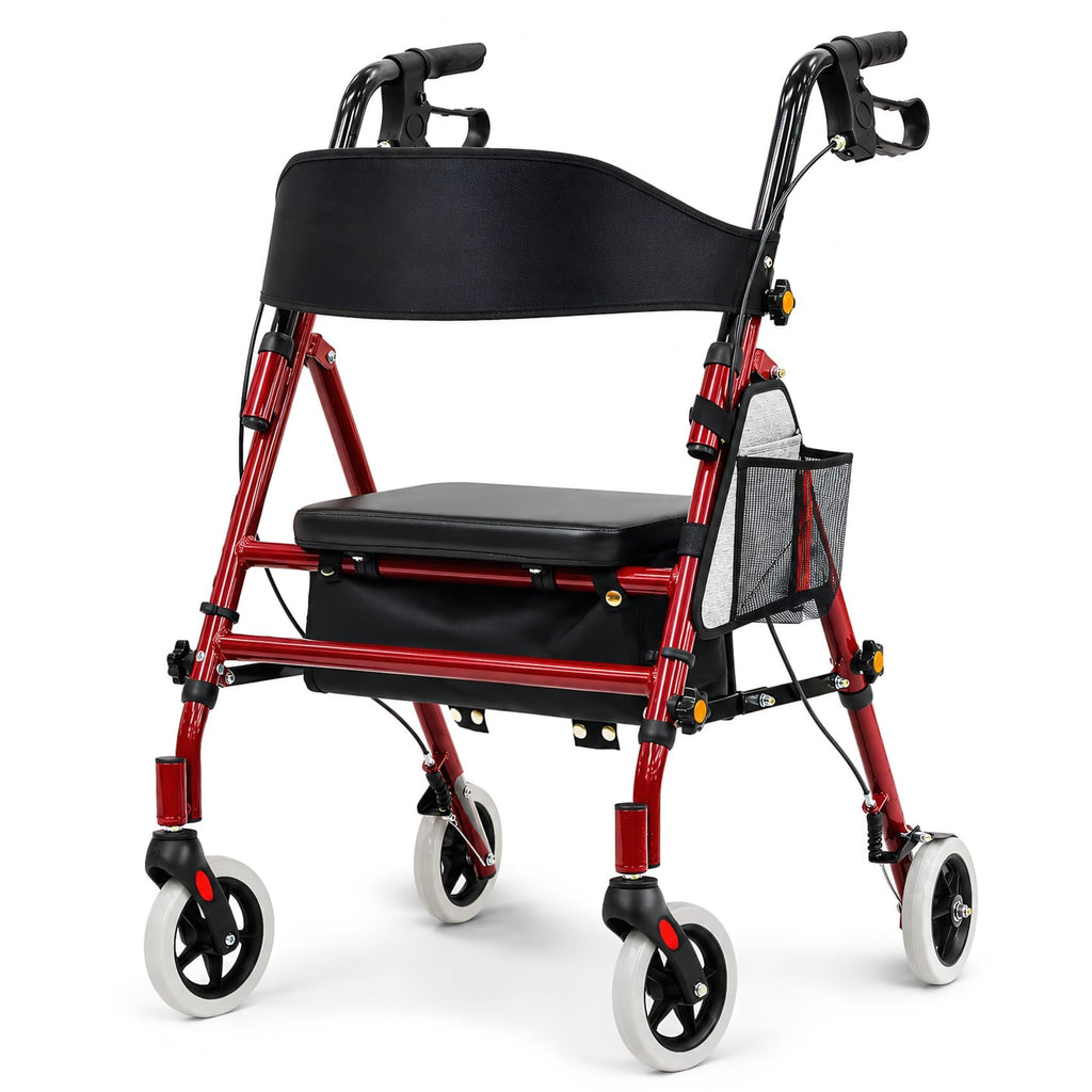 Foldable Rollator Walker with Seat, 300 Lb Capacity, Red C522