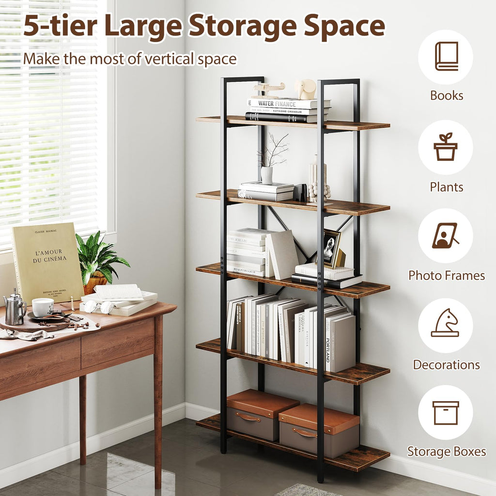 5-Tier Rustic Brown Bookshelf with Metal Frame X51833