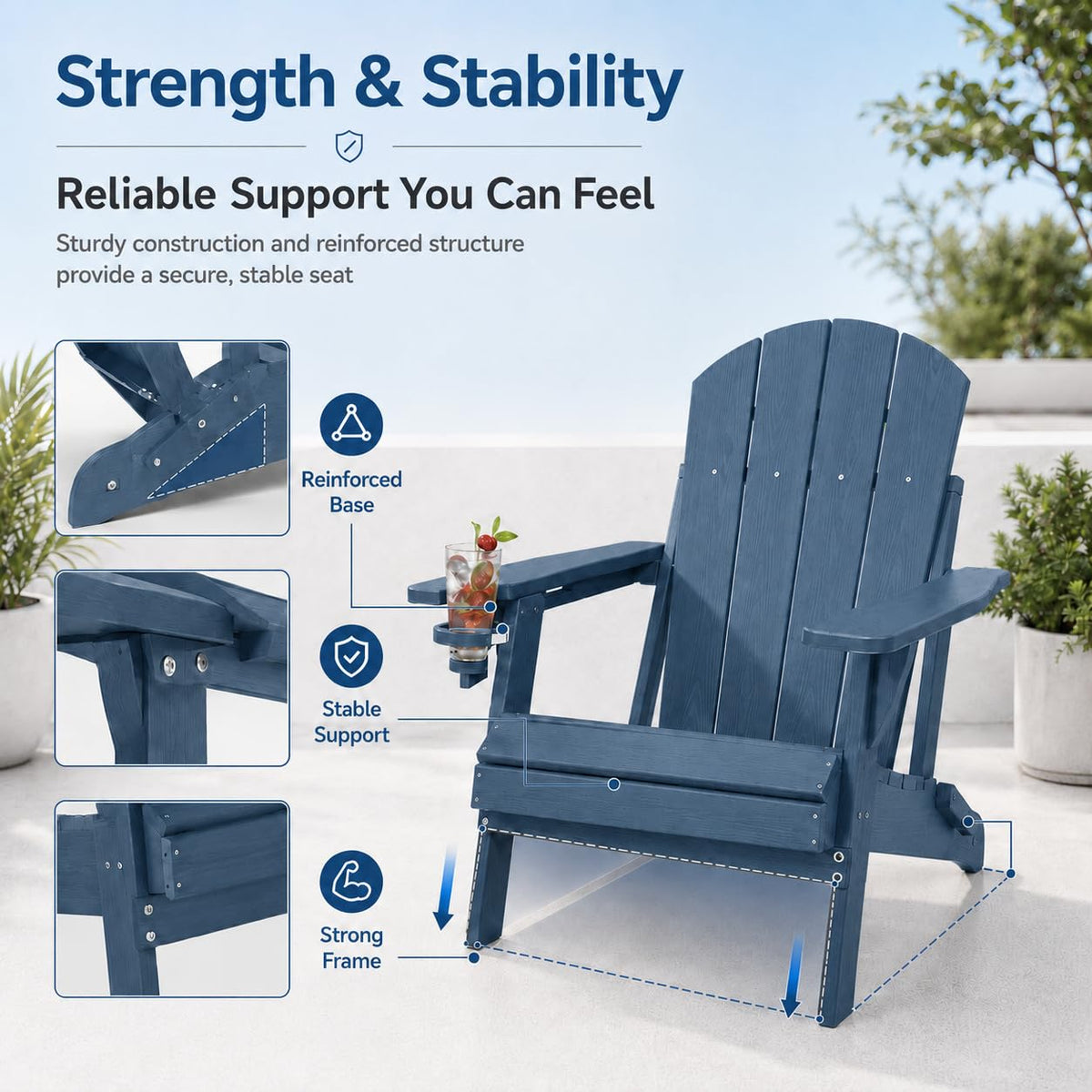 Folding Adirondack Chairs Set of 4 with Cup Holders, Heavy-Duty HDPE Plastic, Navy Blue P614786