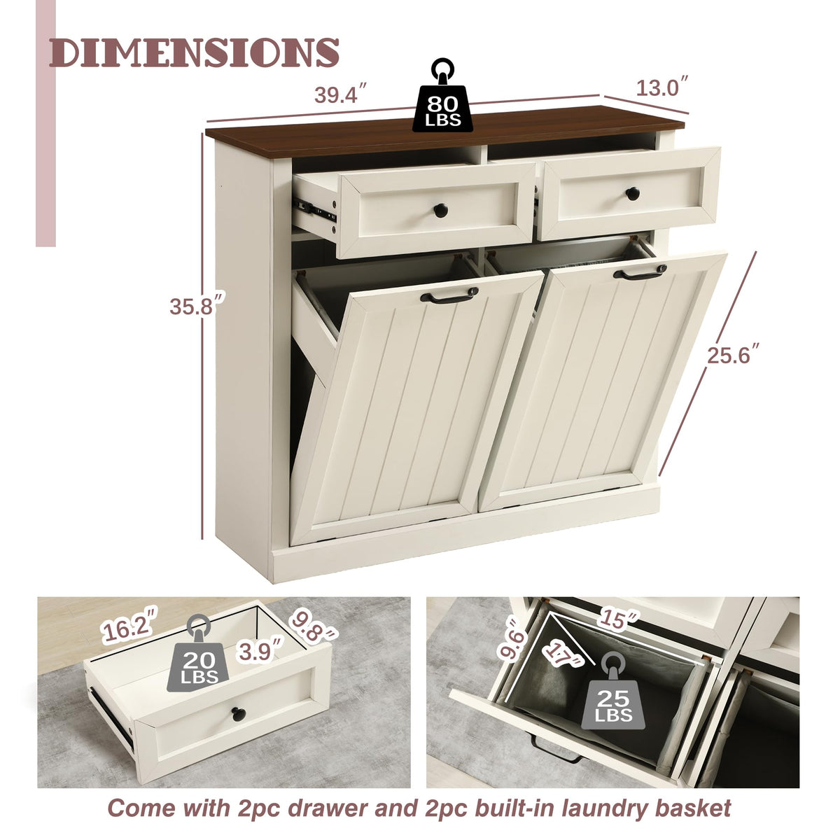 White 22 Gallon Laundry Hamper Cabinet with 2 Drawers V226532