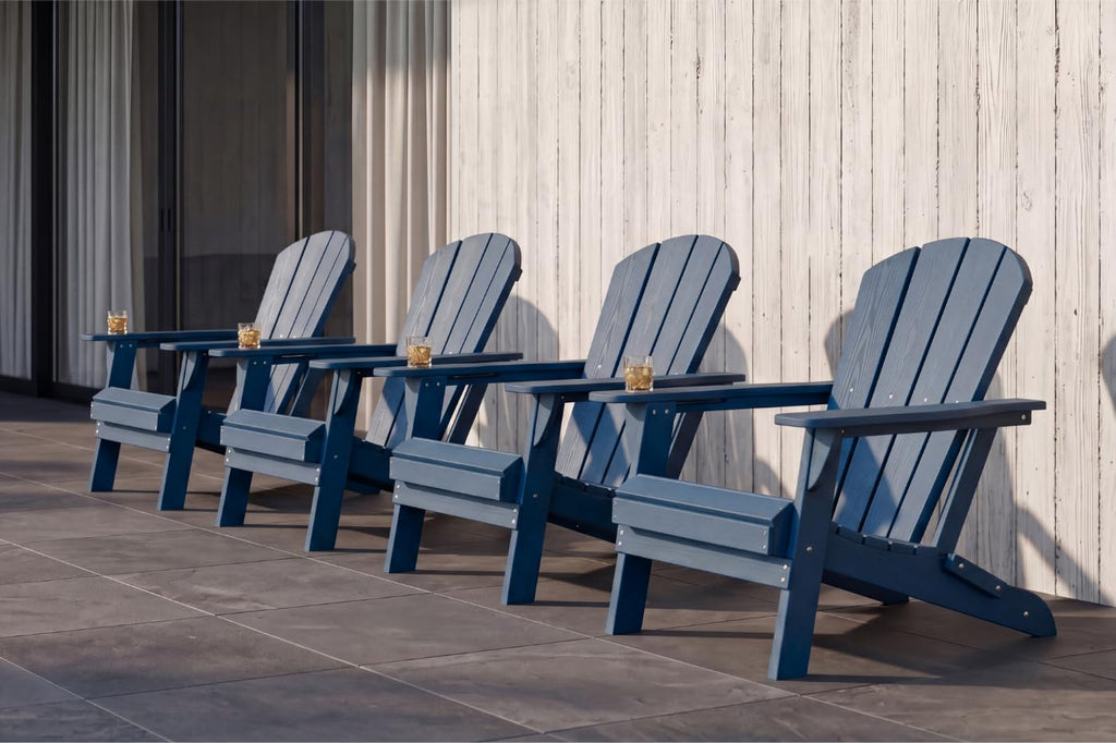 Folding Adirondack Chairs Set of 4 with Cup Holders, Heavy-Duty HDPE Plastic, Navy Blue P614786