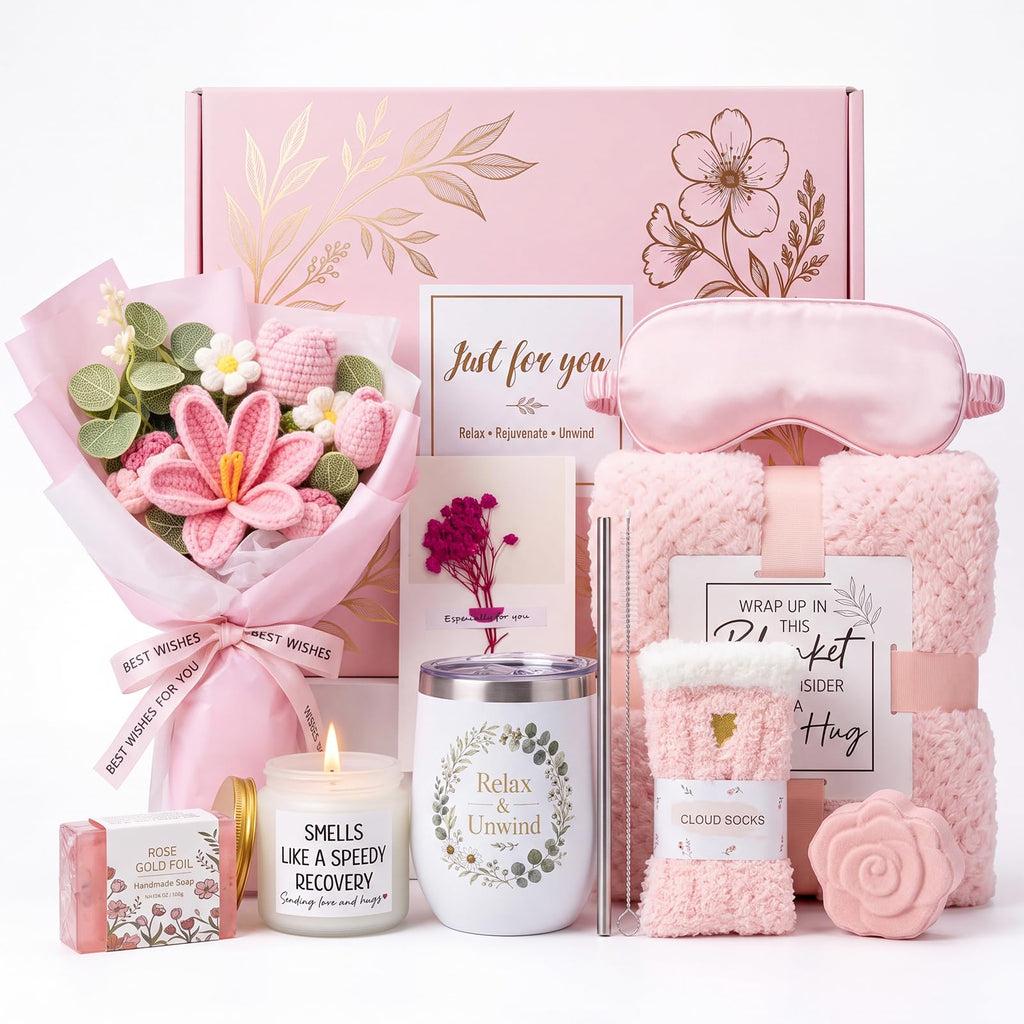 10 PCS Pink Gift Basket with Blanket, Tumbler & Crochet Flowers F173