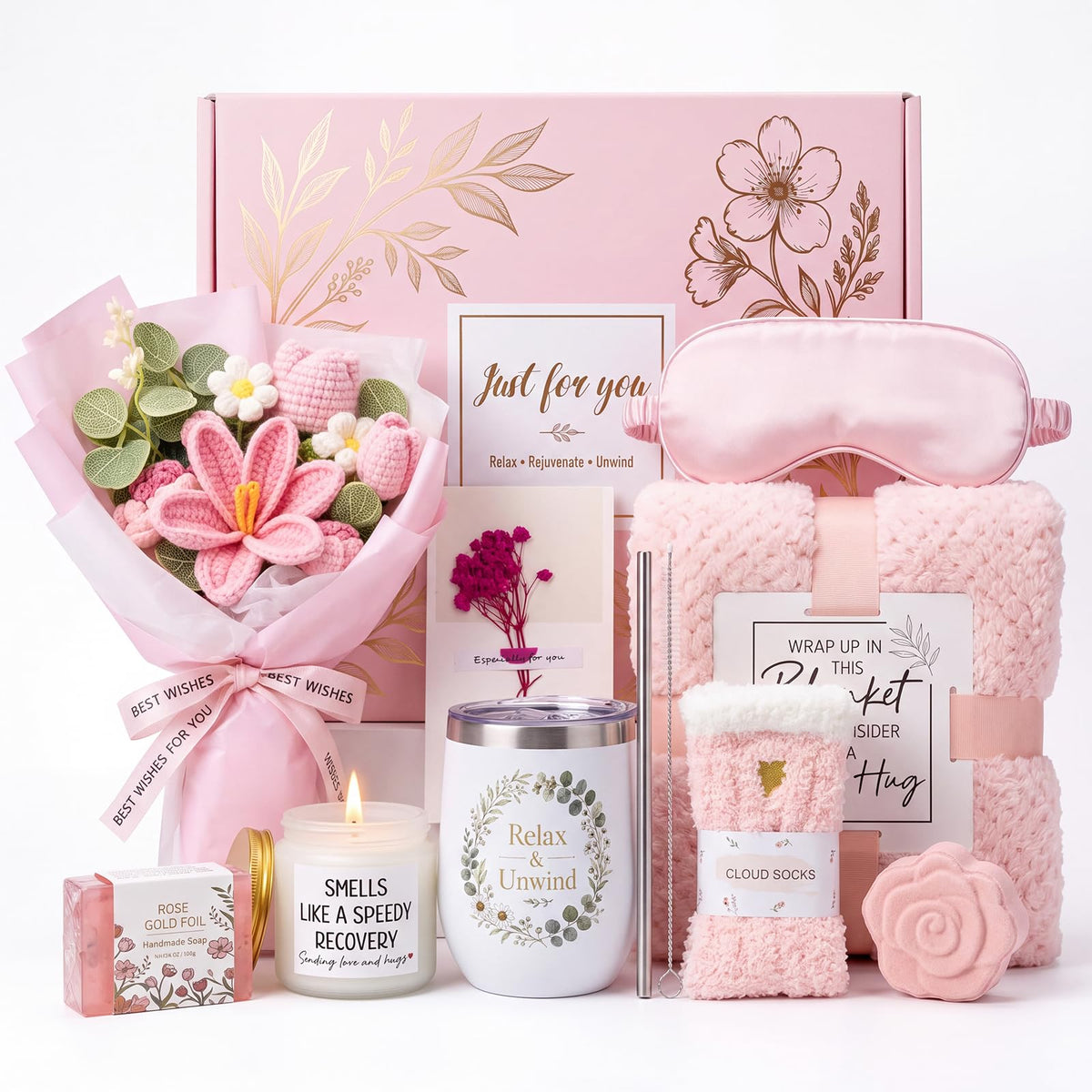10 PCS Pink Gift Basket with Blanket, Tumbler & Crochet Flowers F173
