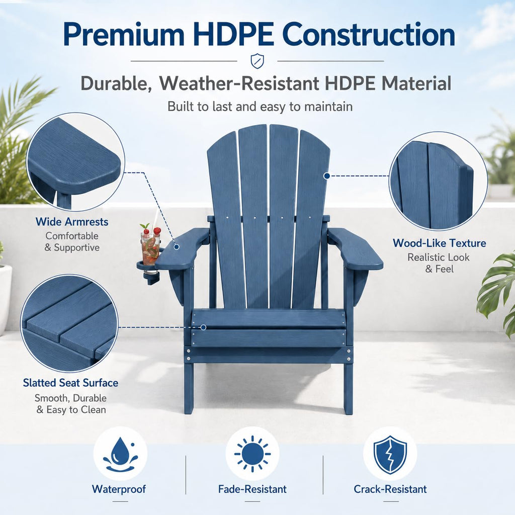 Folding Adirondack Chairs Set of 4 with Cup Holders, Heavy-Duty HDPE Plastic, Navy Blue P614786
