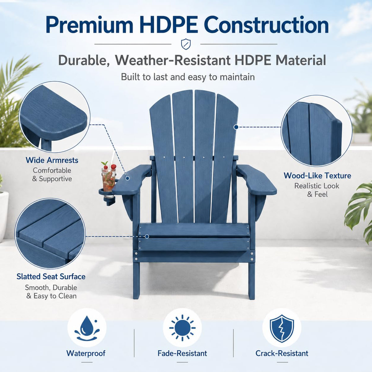 Folding Adirondack Chairs Set of 4 with Cup Holders, Heavy-Duty HDPE Plastic, Navy Blue P614786