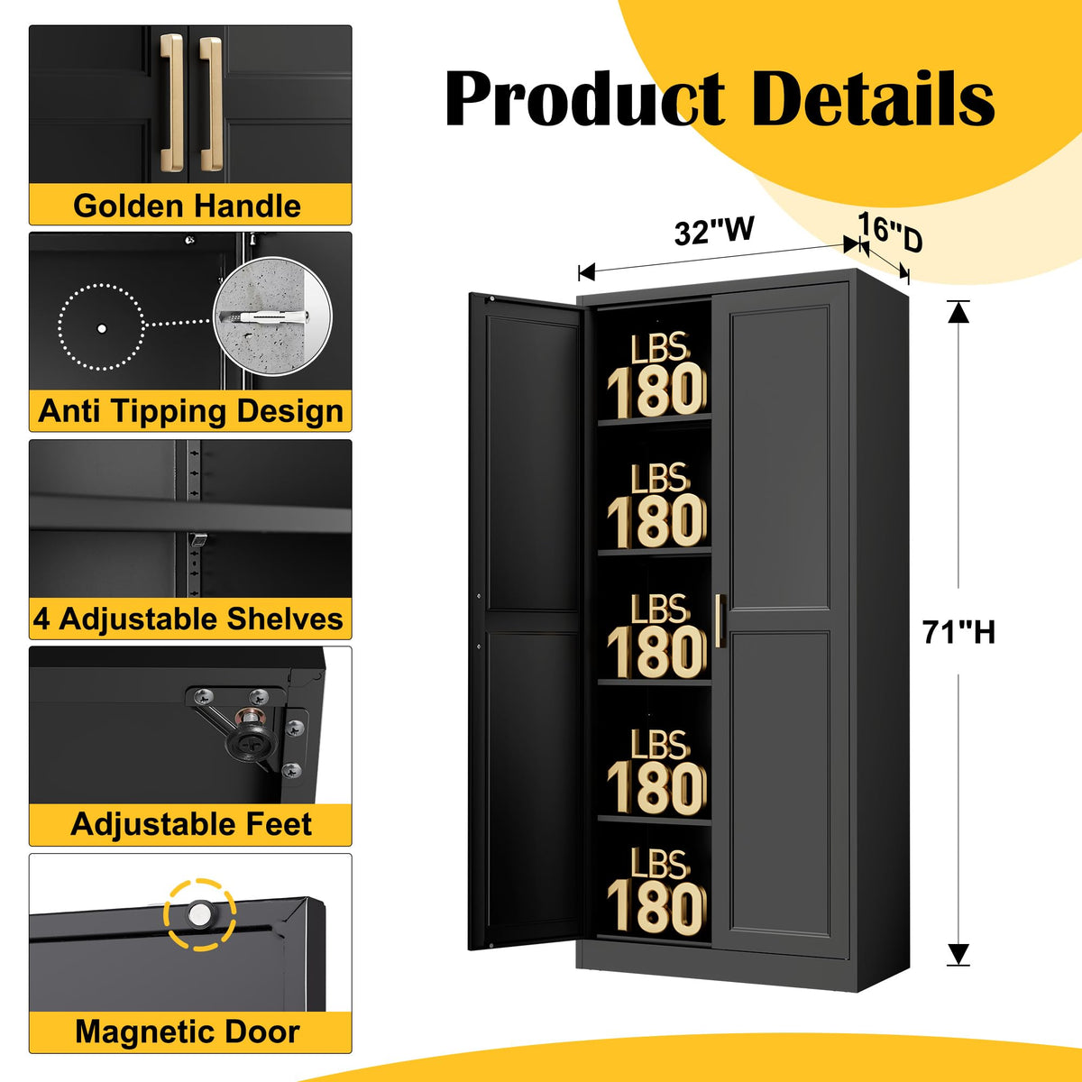 71" Metal Pantry Storage Cabinet with Doors & 4 Adjustable Shelves P240