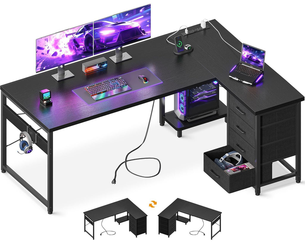 61" L Shaped Gaming Desk with 4 Drawers and Power Outlets, Black T475654