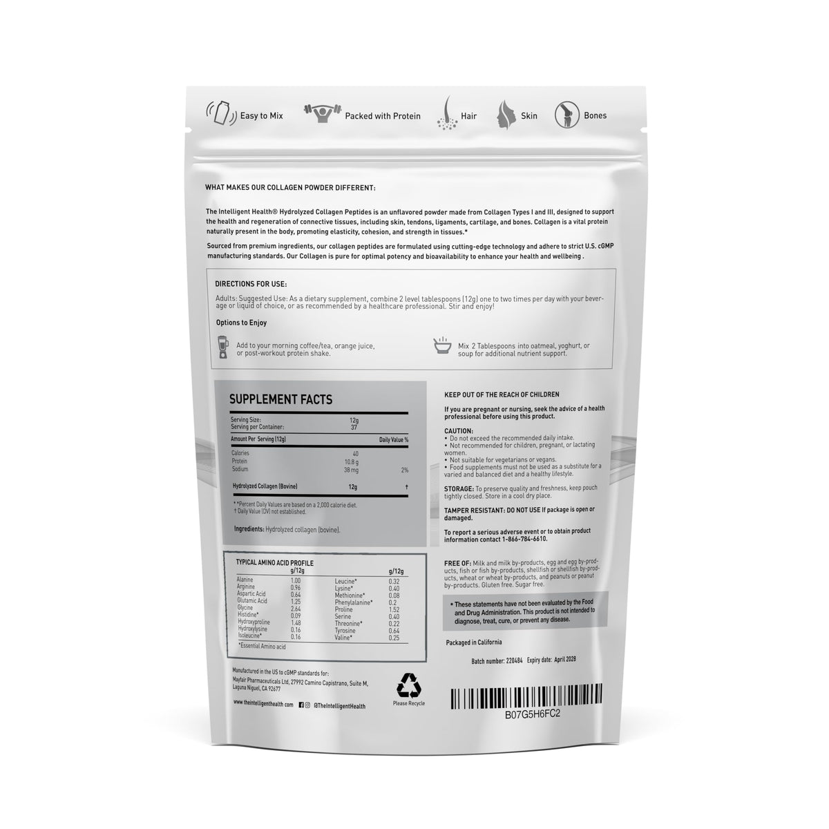 Collagen Peptides Powder, Hydrolyzed Type I & III, 45 Servings W4608