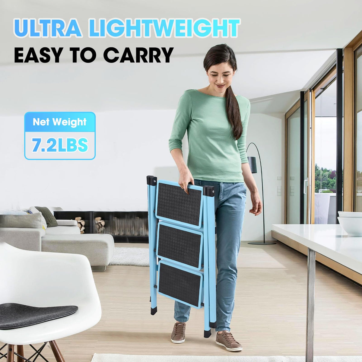 Folding Aluminum 3 Step Ladder 330 LBS Capacity Blue X630