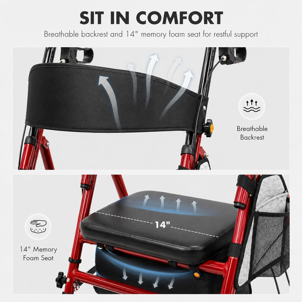 Foldable Rollator Walker with Seat, 300 Lb Capacity, Red C522