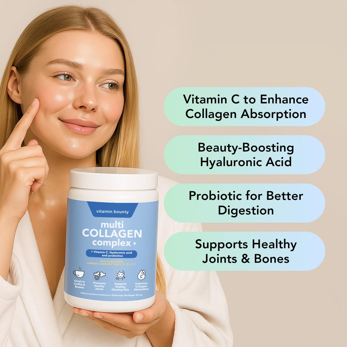 Multi Collagen Peptides Powder with Probiotics, Vitamin C & Hyaluronic Acid, 50 Servings D762521
