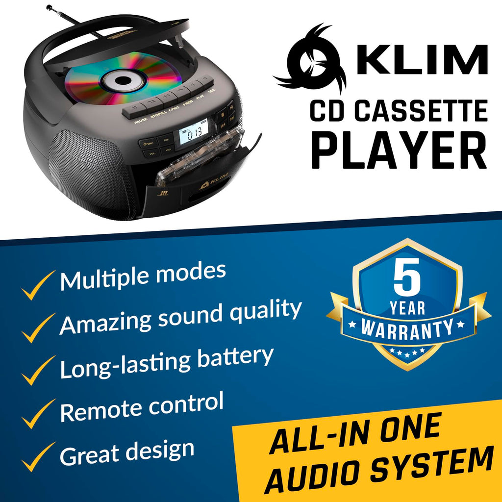 Black CD Cassette Player Boombox with Bluetooth and AM FM Radio I2241
