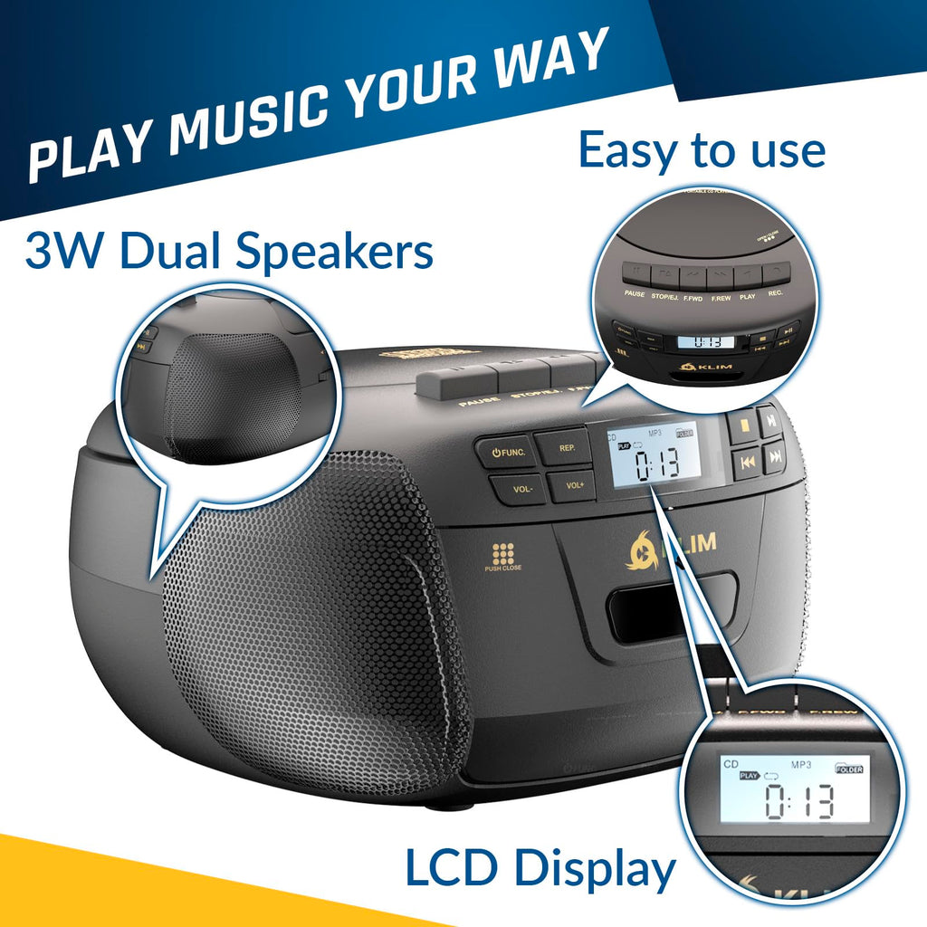Black CD Cassette Player Boombox with Bluetooth and AM FM Radio I2241