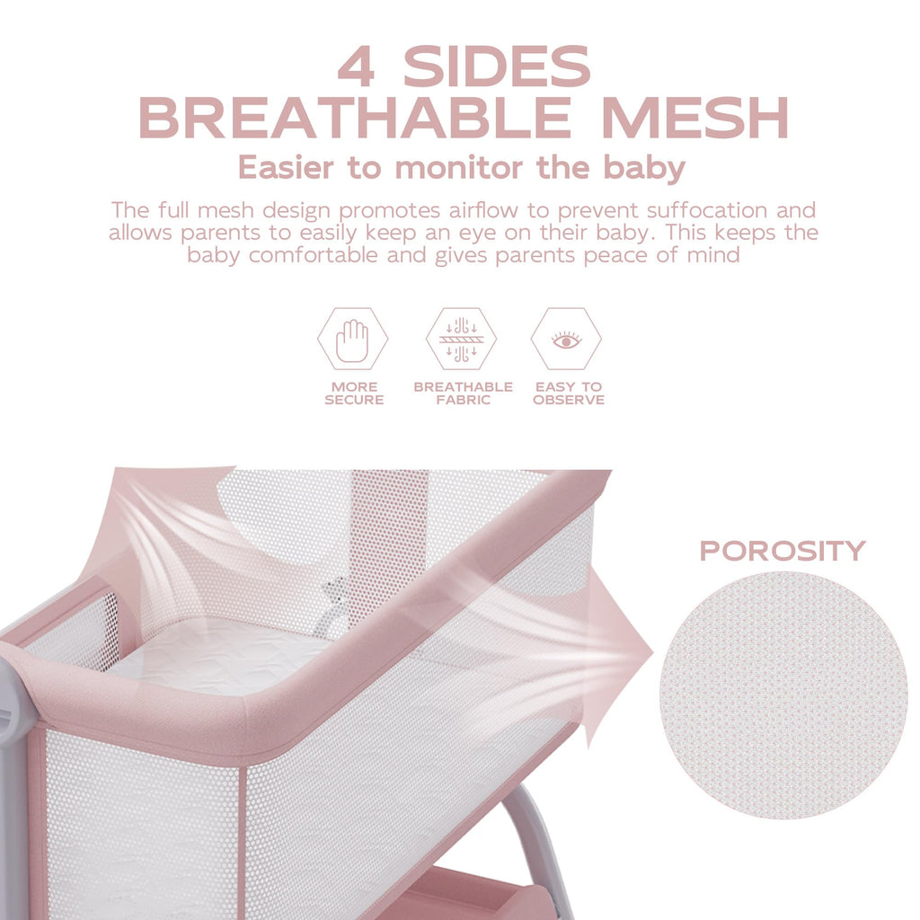 Baby Bassinet Bedside Crib with Mattress & Sheet, 4-Sided Mesh, Pink Q70977