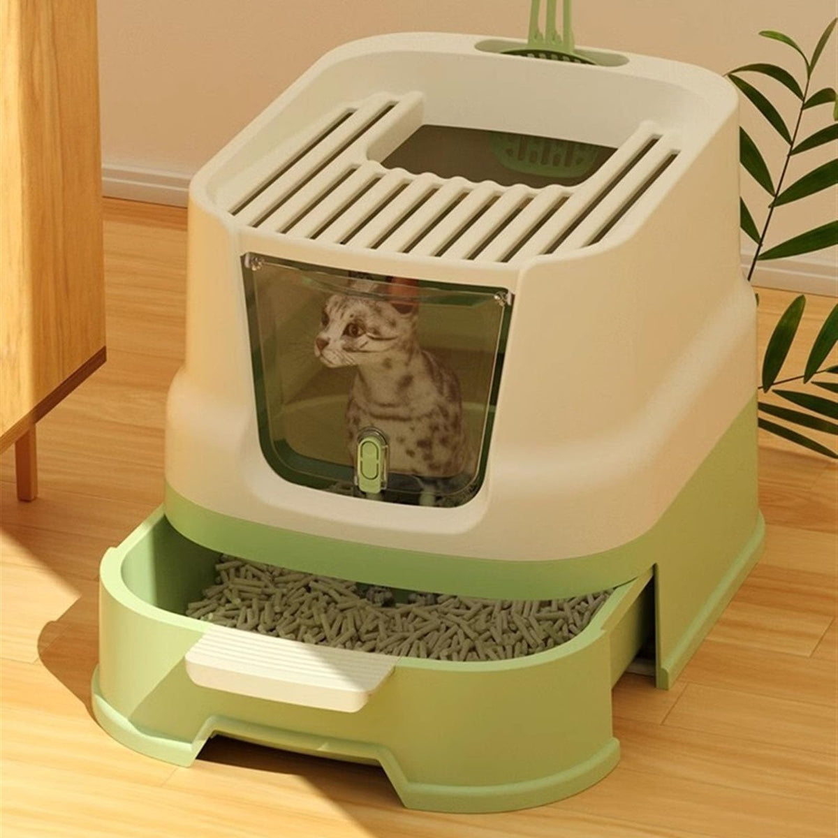 Enclosed Plastic Cat Litter Box with Lid and Scoop P1442