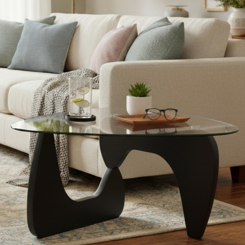 Modern Triangle Glass Coffee Table with Wood Base M503