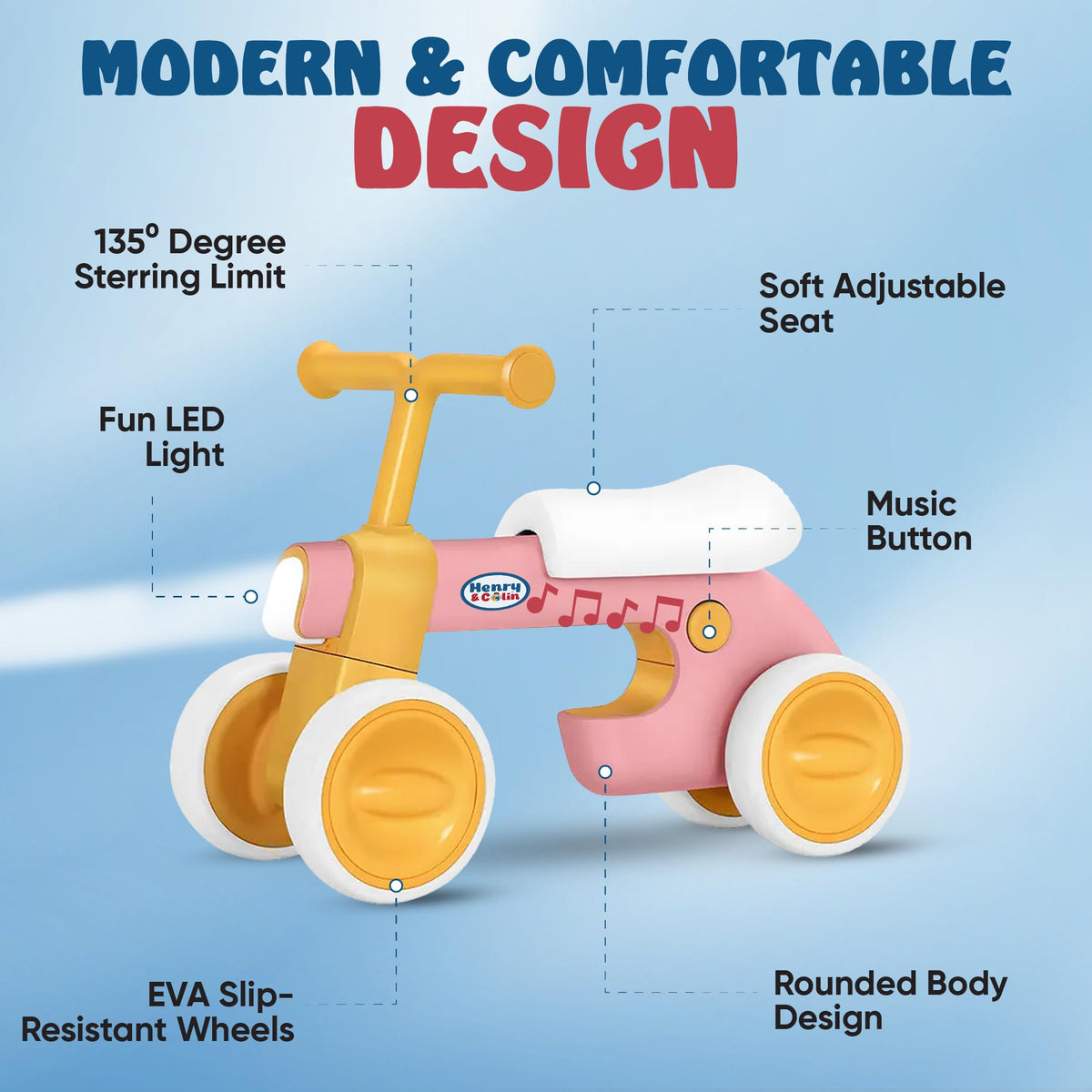 4 Wheel Toddler Balance Bike with Lights Music Soft Seat Pink Y170553
