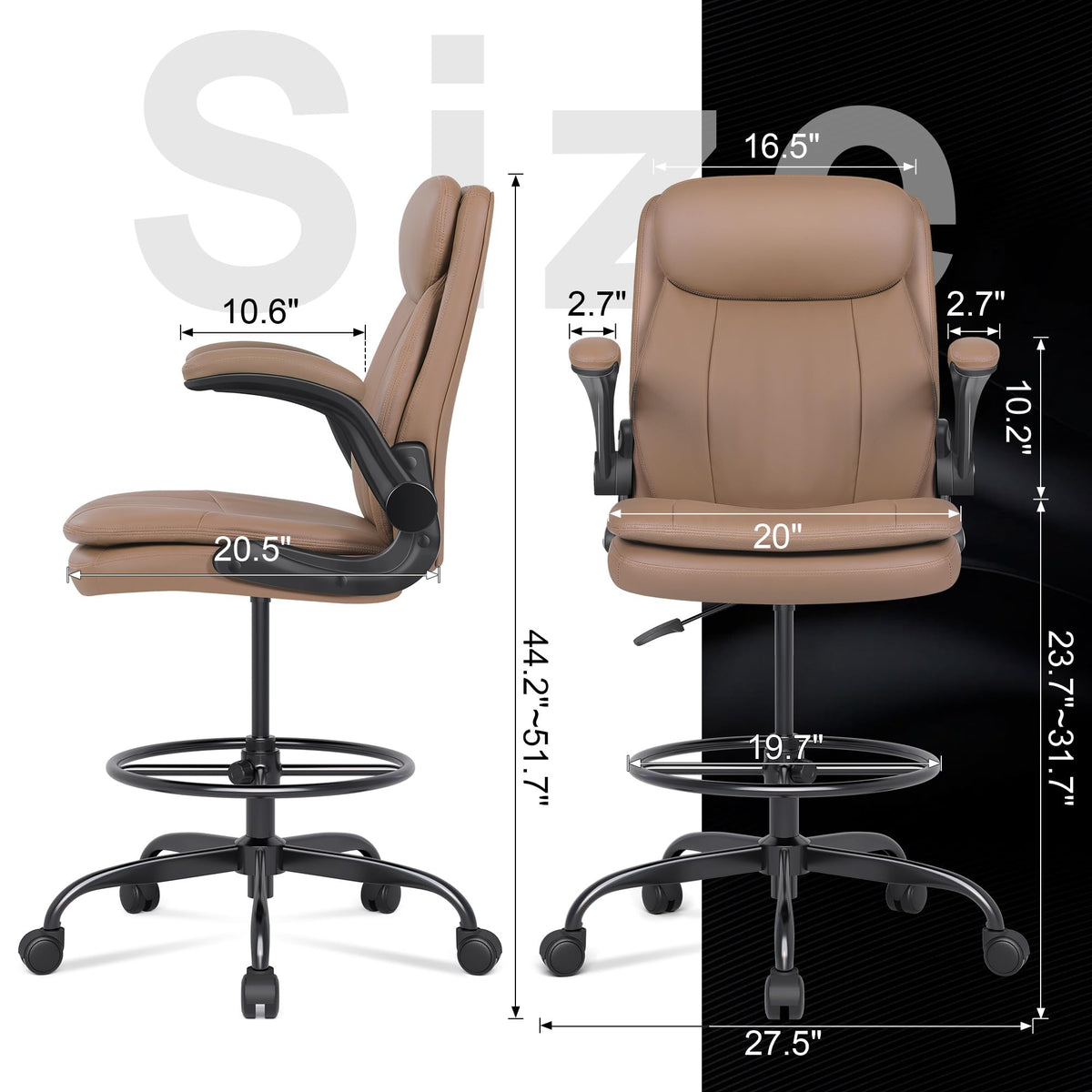 Leather Drafting Chair with Adjustable Height and Flip-up Armrest L330353