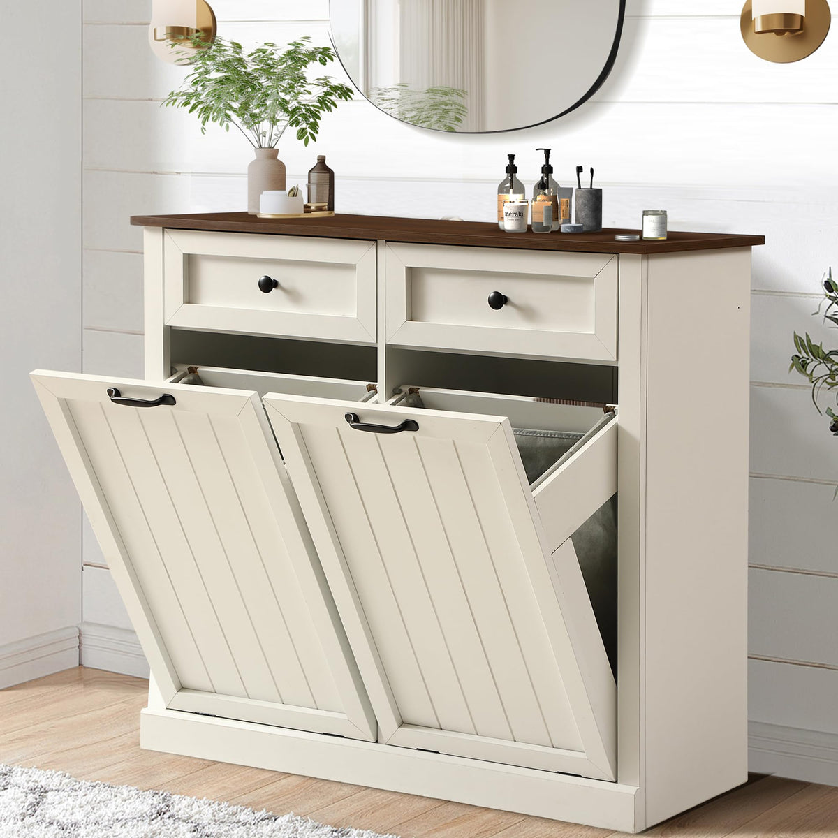 White 22 Gallon Laundry Hamper Cabinet with 2 Drawers V226532