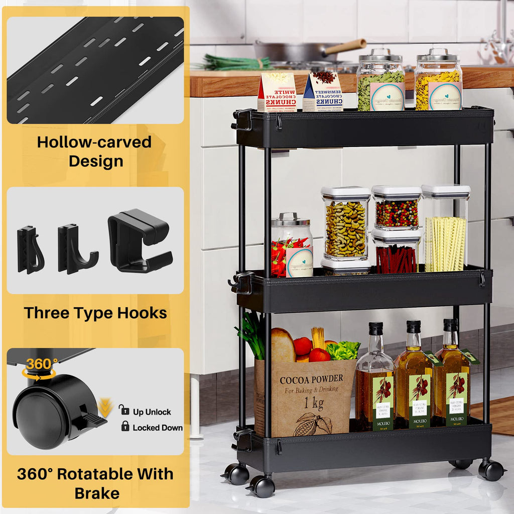 Black 3 Tier Slim Rolling Storage Cart F891162