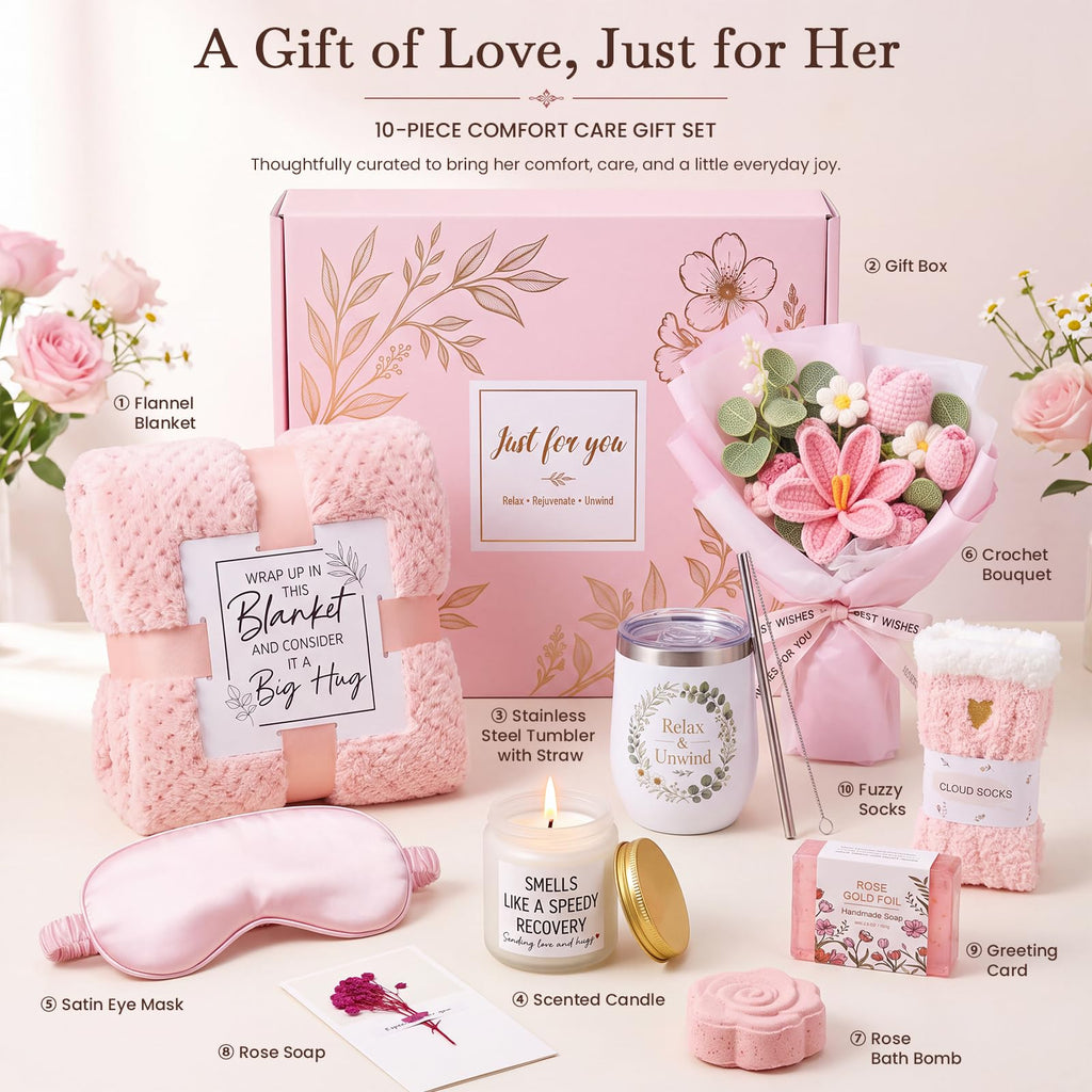 10 PCS Pink Gift Basket with Blanket, Tumbler & Crochet Flowers F173