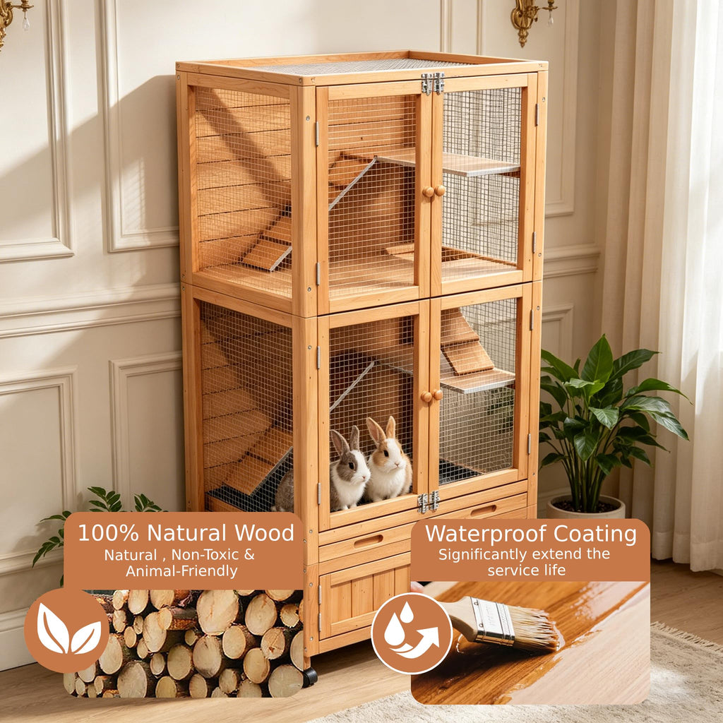 2-Story Wooden Rabbit Hutch with Ramp, Trays & Wheels G16652