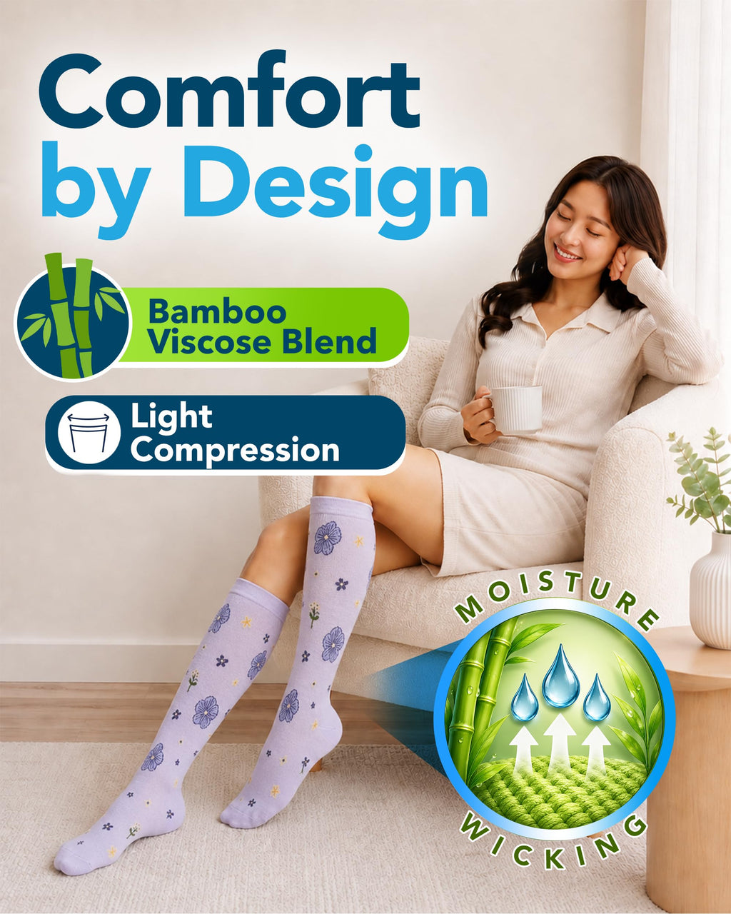 Bamboo Viscose 8-15 mmHg Knee High Compression Socks 3 Pairs W44320