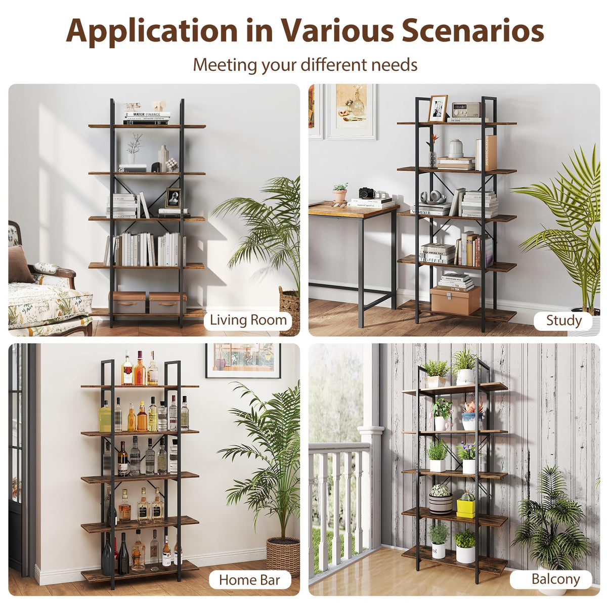 5-Tier Rustic Brown Bookshelf with Metal Frame X51833