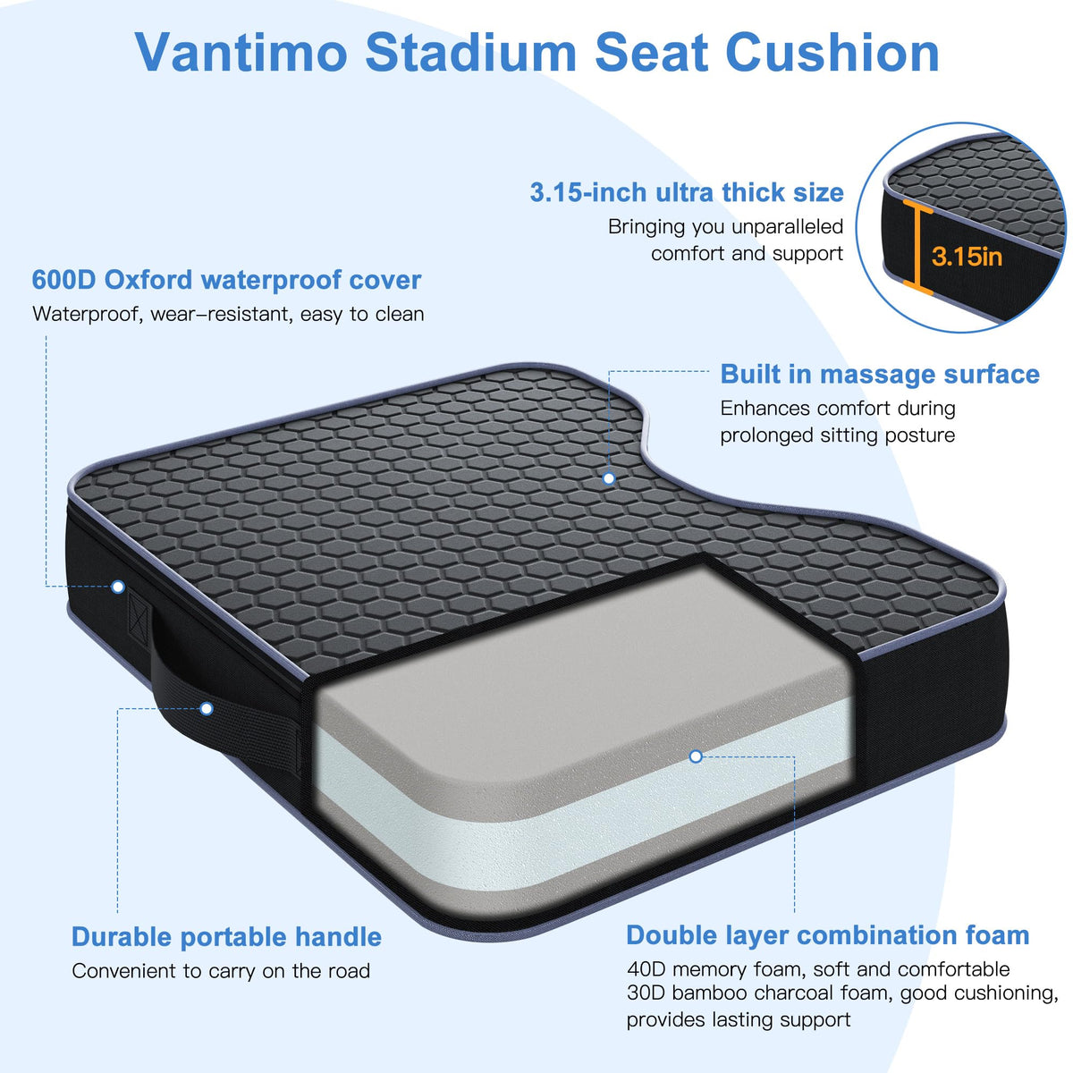 2 Pack Extra Thick Portable Bleacher Seat Cushions with Memory Foam P3040