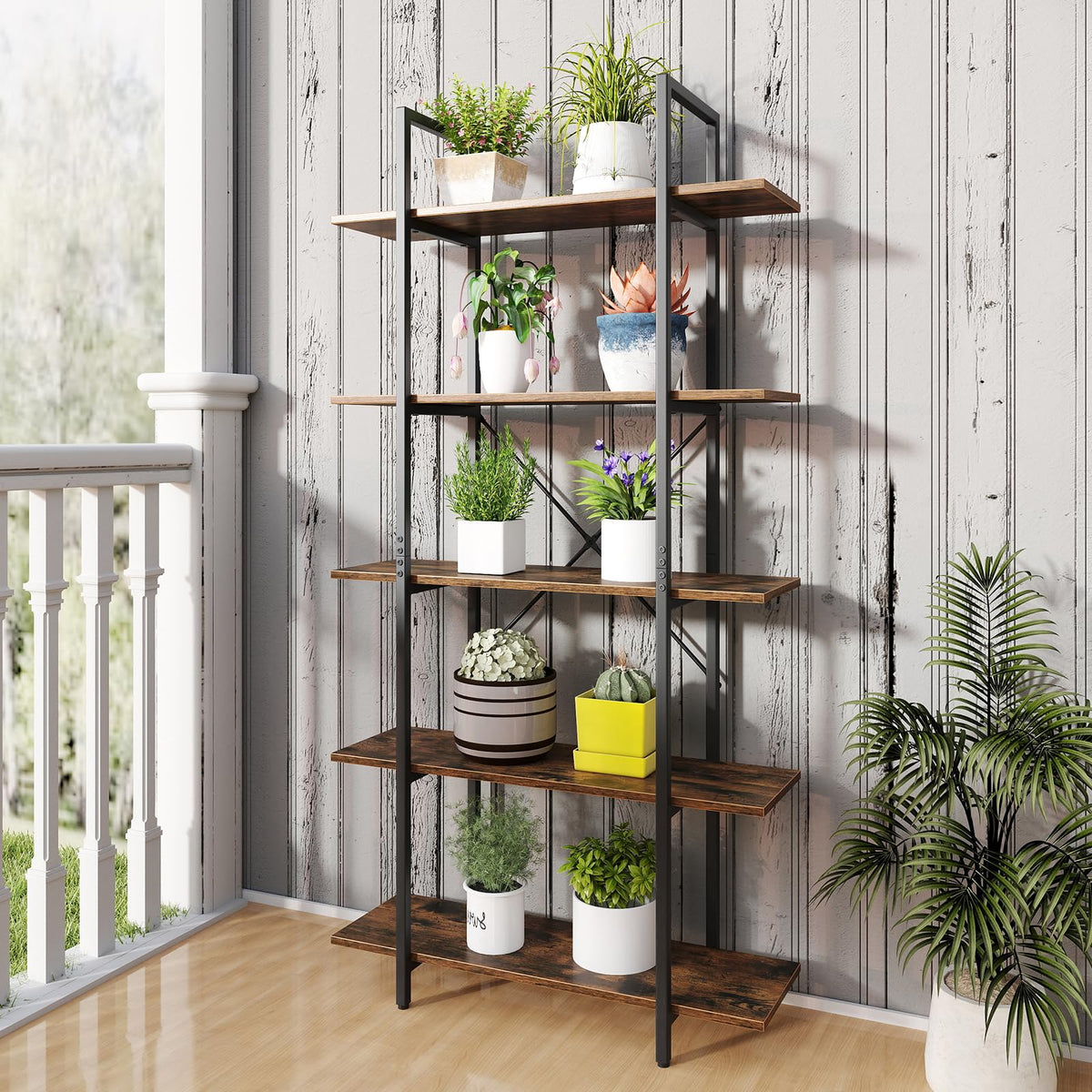 5-Tier Rustic Brown Bookshelf with Metal Frame X51833