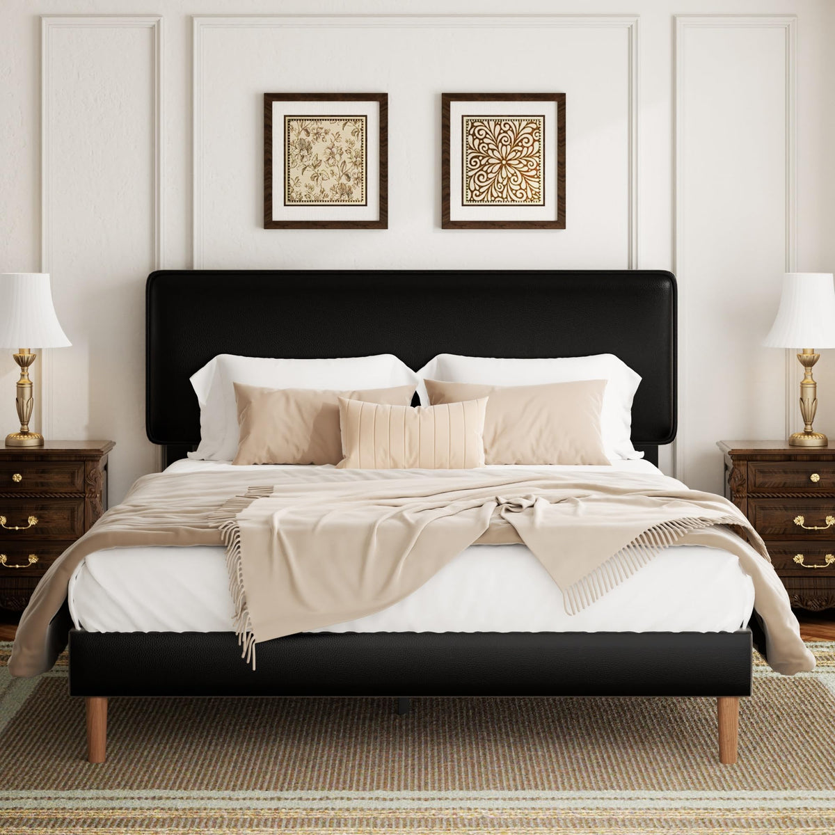 Black Full Size Upholstered Platform Bed Frame with Adjustable Headboard S2910